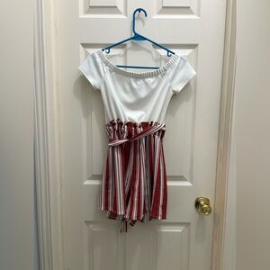 White Off-Shoulder Top with Burgundy Red & White Striped Romper - size small